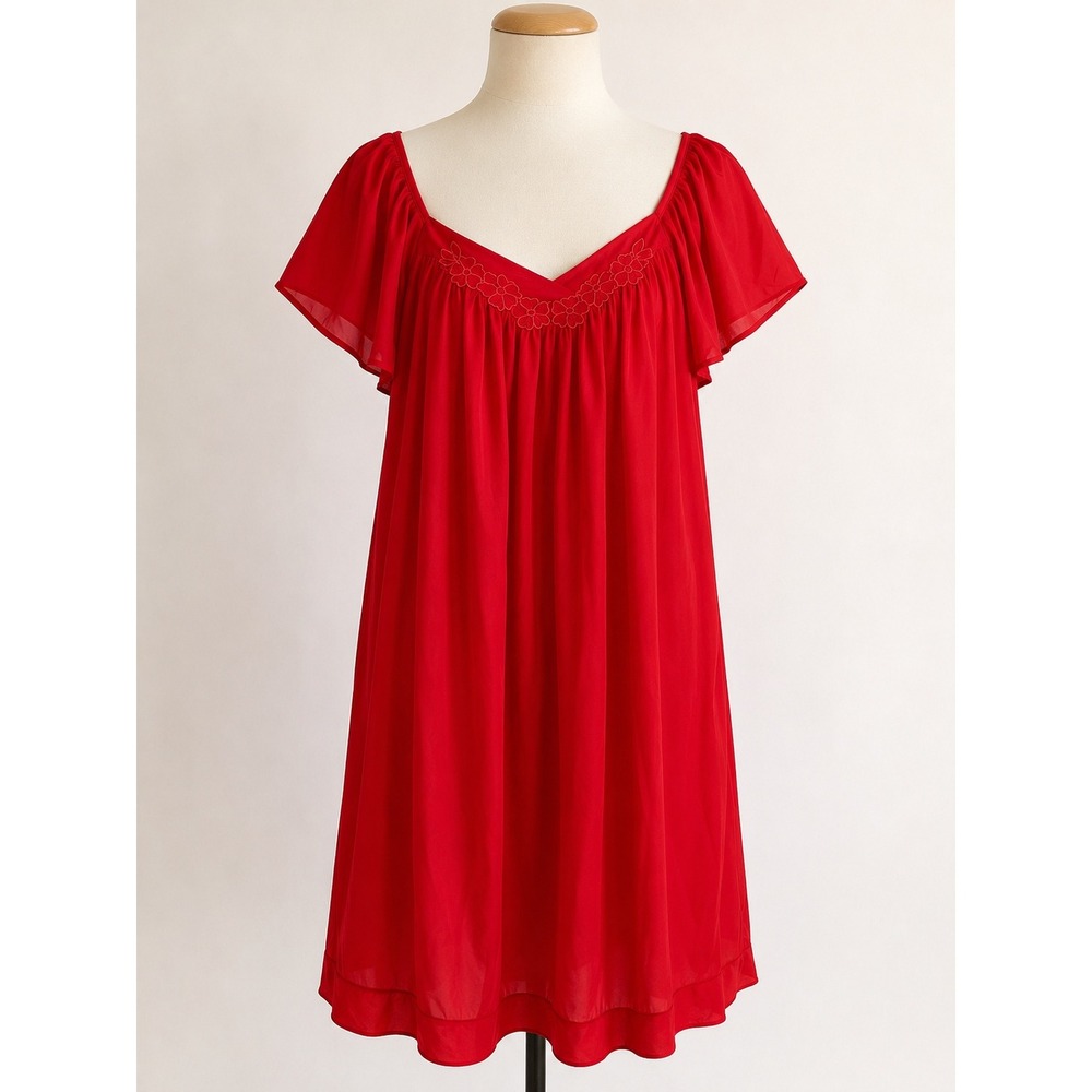 Vanity Fair Nightgown Womens Medium Red Vintage 80s Flutter Sleeve Lingerie